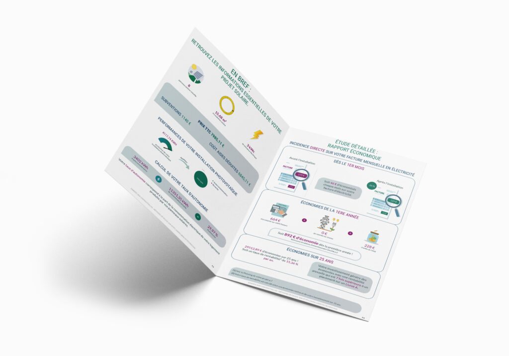 Brochure d'information sur un projet solaire, détaillant les subventions, les coûts, la performance de l'installation, et une étude économique avec des économies sur la facture d'électricité et sur 25 ans.